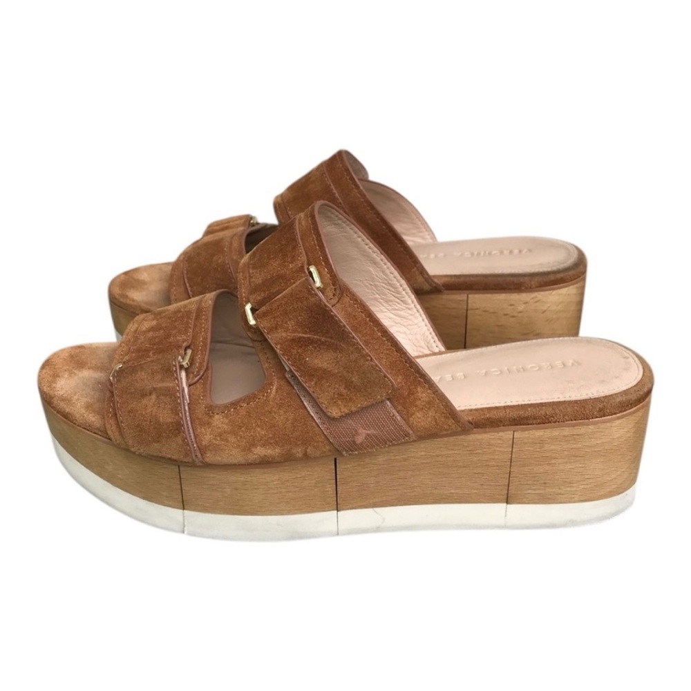 $295 Veronica Beard Welda camel Tan Suede Platform Sandals made in Italy sz 9